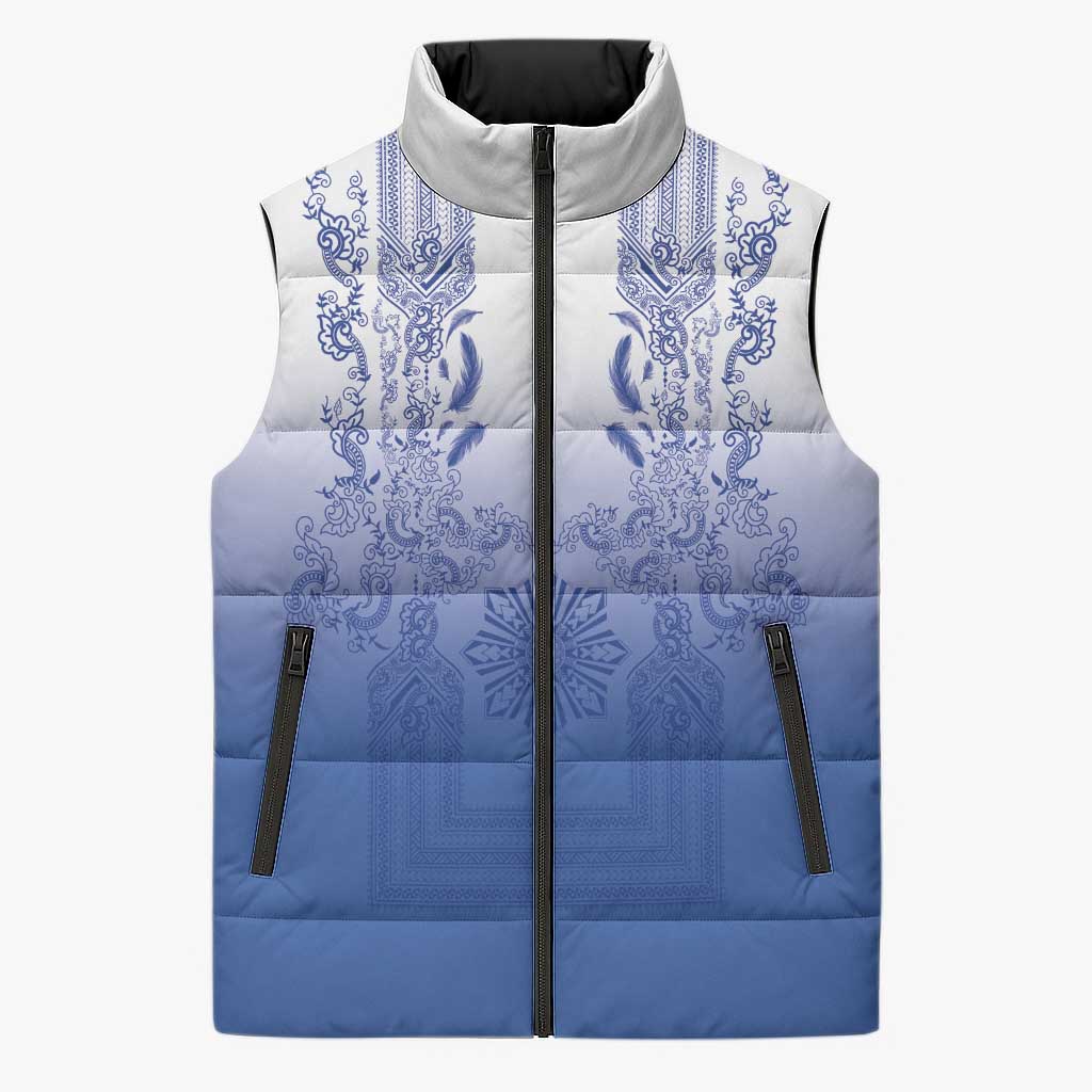 Philippines Barong Style Sleeveless Puffer Jacket with Polynesian Art and Leaf Motif Blue Color