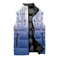 Philippines Barong Style Sleeveless Puffer Jacket with Polynesian Art and Leaf Motif Blue Color