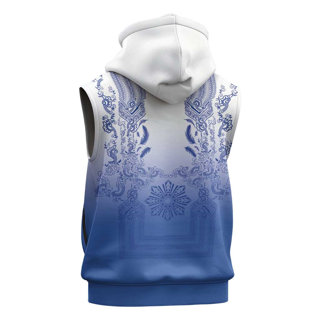 Philippines Barong Style Sleeveless Zip Hoodie with Polynesian Art and Leaf Motif Blue Color