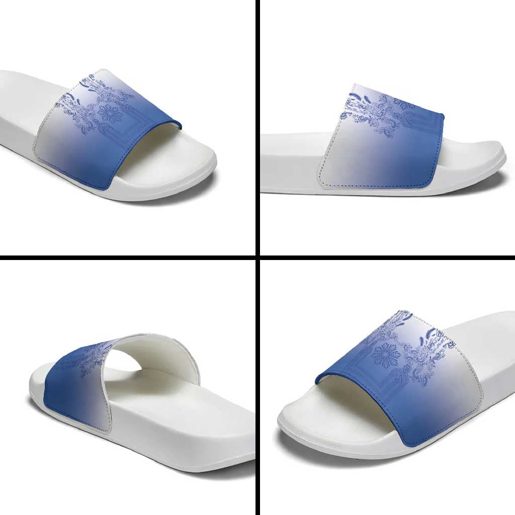 Philippines Barong Style Slide Sandals with Polynesian Art and Leaf Motif Blue Color