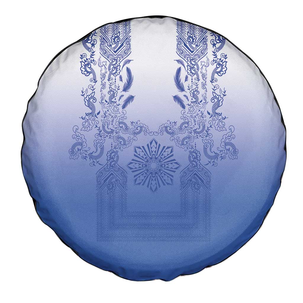 Philippines Barong Style Spare Tire Cover with Polynesian Art and Leaf Motif Blue Color