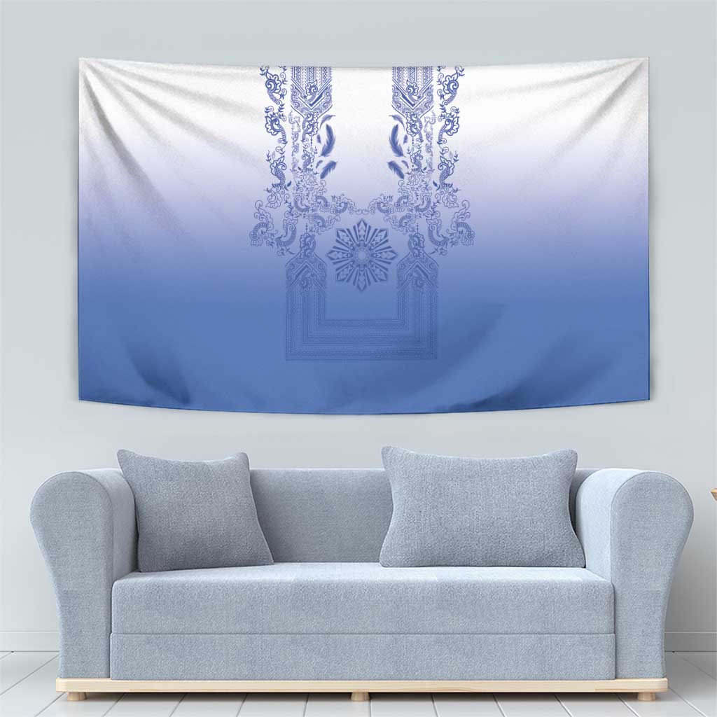 Philippines Barong Style Tapestry with Polynesian Art and Leaf Motif Blue Color