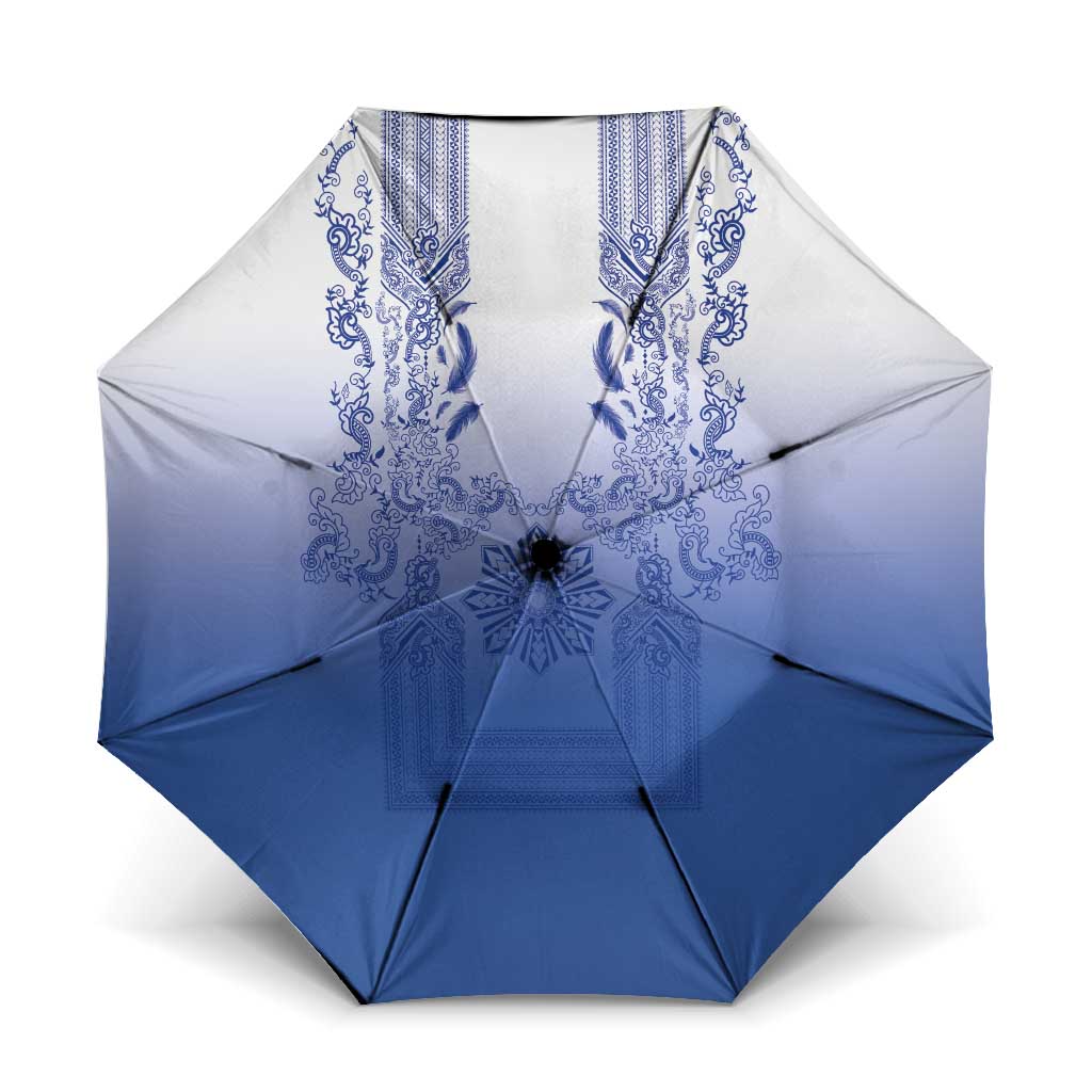 Philippines Barong Style Umbrella with Polynesian Art and Leaf Motif Blue Color