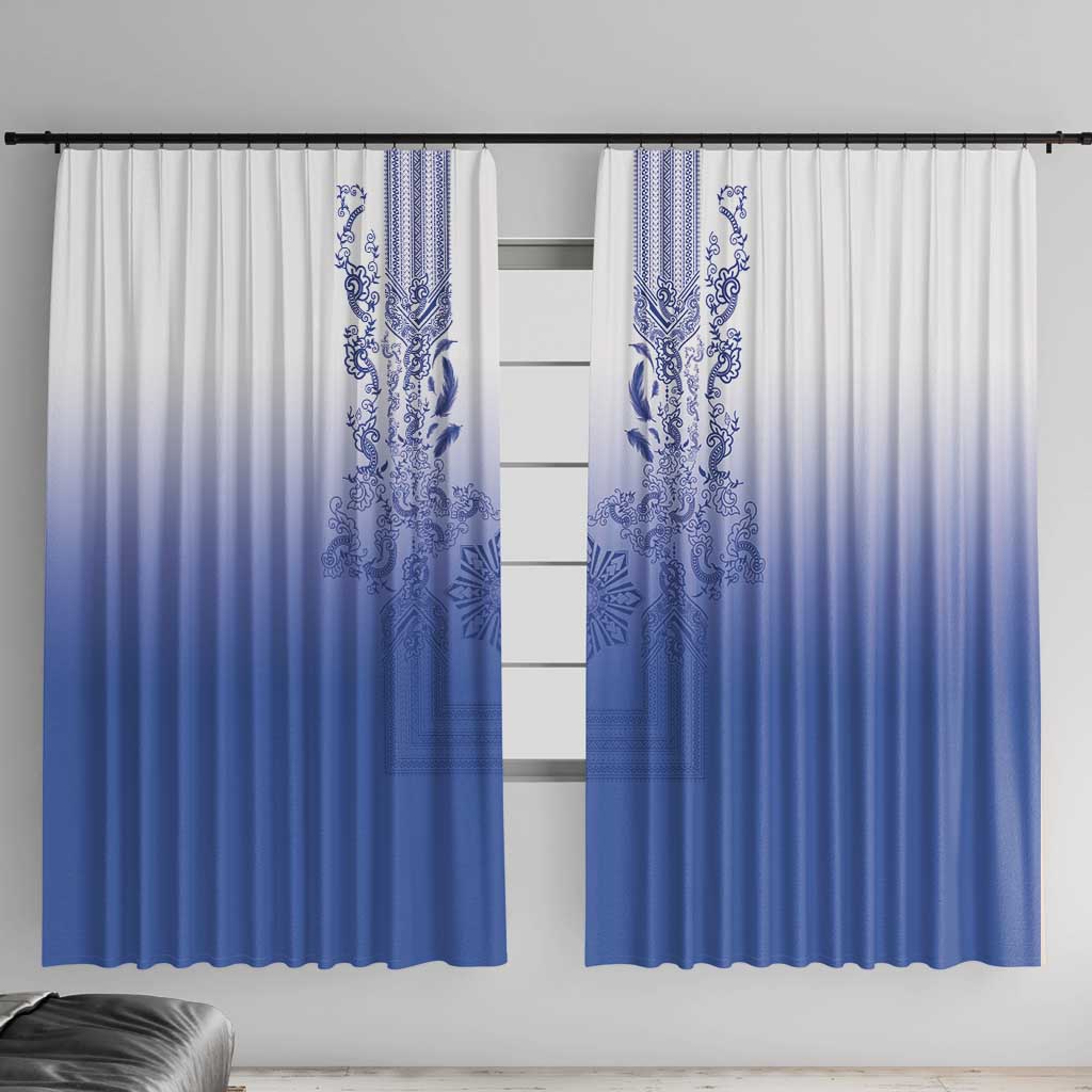 Philippines Barong Style Window Curtain with Polynesian Art and Leaf Motif Blue Color