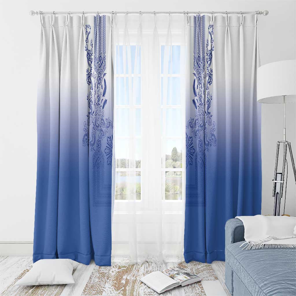 Philippines Barong Style Window Curtain with Polynesian Art and Leaf Motif Blue Color