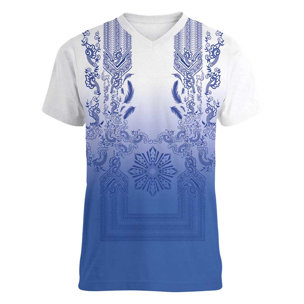 Philippines Barong Style Women V-Neck T-Shirt with Polynesian Art and Leaf Motif Blue Color LT03 Female Blue - Polynesian Pride