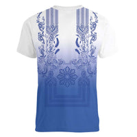 Philippines Barong Style Women V-Neck T-Shirt with Polynesian Art and Leaf Motif Blue Color LT03 - Polynesian Pride