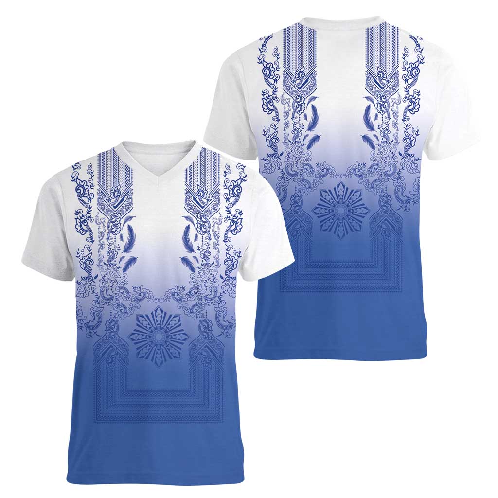 Philippines Barong Style Women V-Neck T-Shirt with Polynesian Art and Leaf Motif Blue Color LT03 - Polynesian Pride