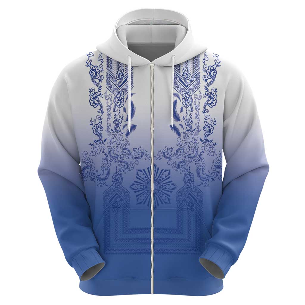 Philippines Barong Style Zip Hoodie with Polynesian Art and Leaf Motif Blue Color LT03 - Polynesian Pride
