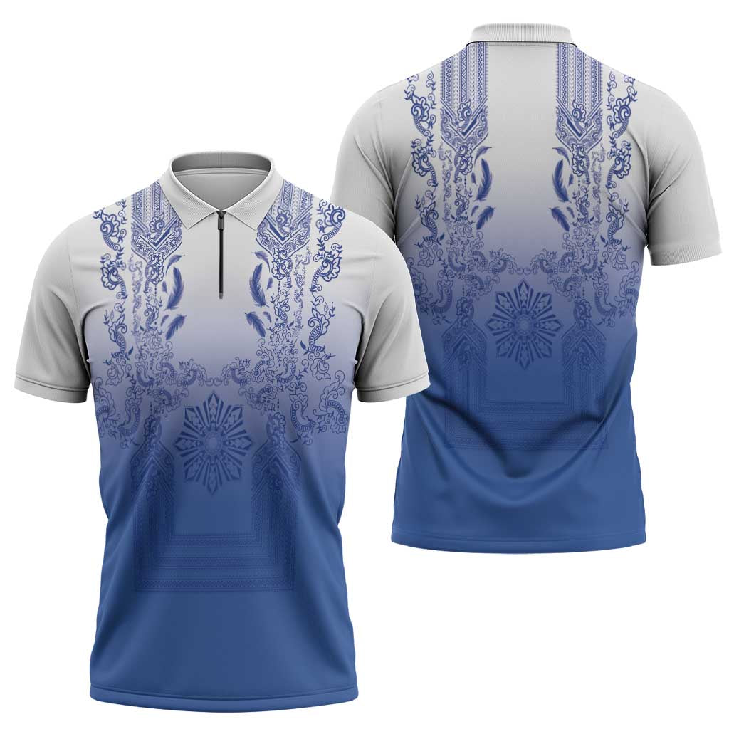 Philippines Barong Style Zipper Polo Shirt with Polynesian Art and Leaf Motif Blue Color