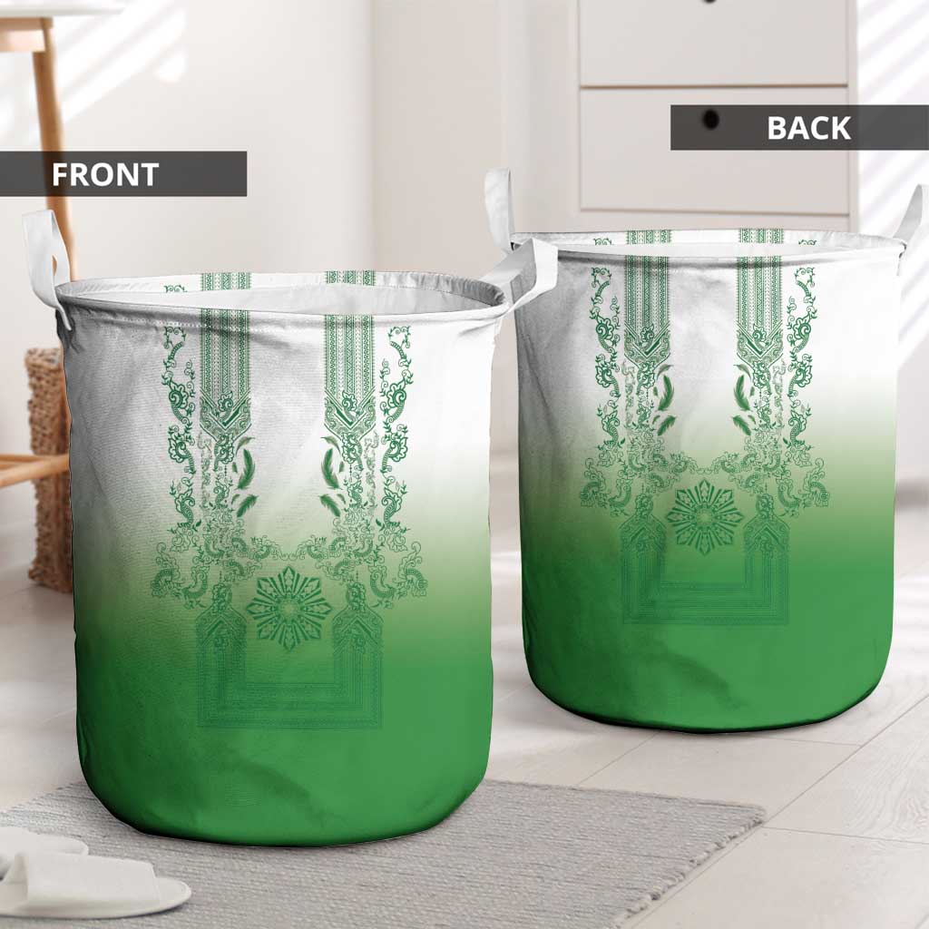 Philippines Barong Style Laundry Basket with Polynesian Art and Leaf Motif Green Color
