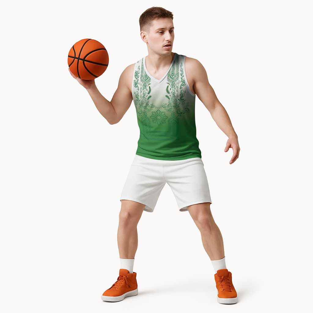 Philippines Barong Style Basketball Jersey with Polynesian Art and Leaf Motif Green Color