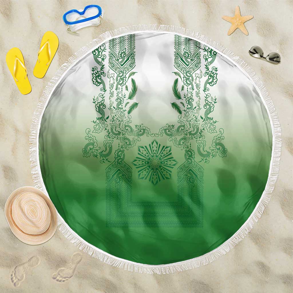 Philippines Barong Style Beach Blanket with Polynesian Art and Leaf Motif Green Color