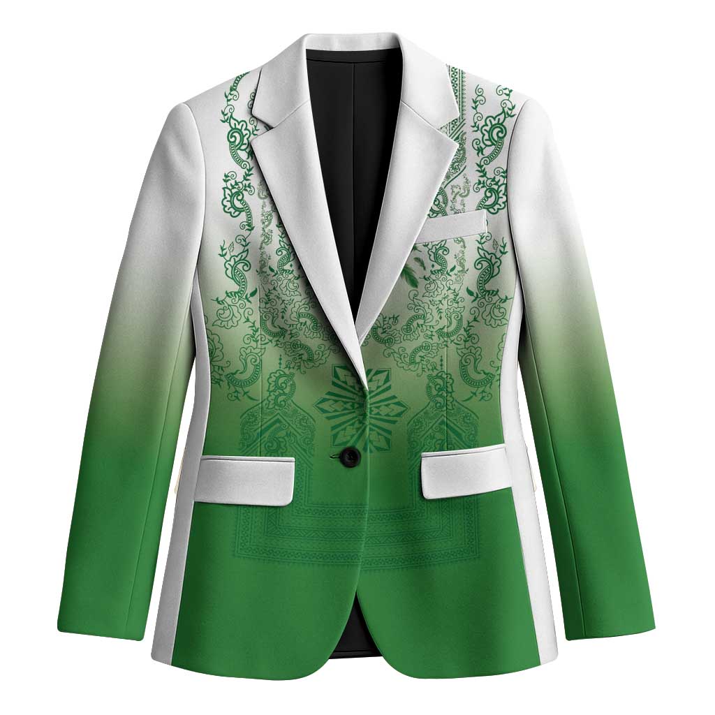 Philippines Barong Style Blazer with Polynesian Art and Leaf Motif Green Color