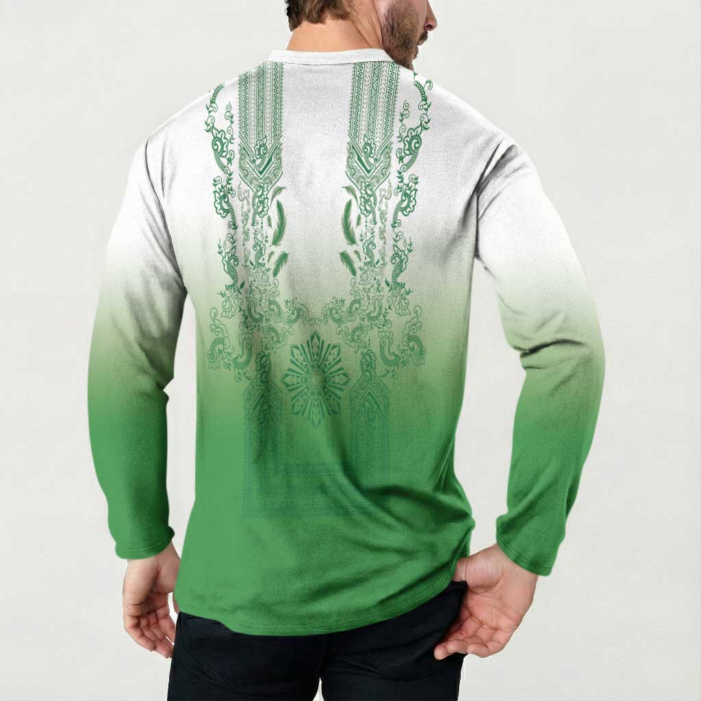 Philippines Barong Style Button Sweatshirt with Polynesian Art and Leaf Motif Green Color