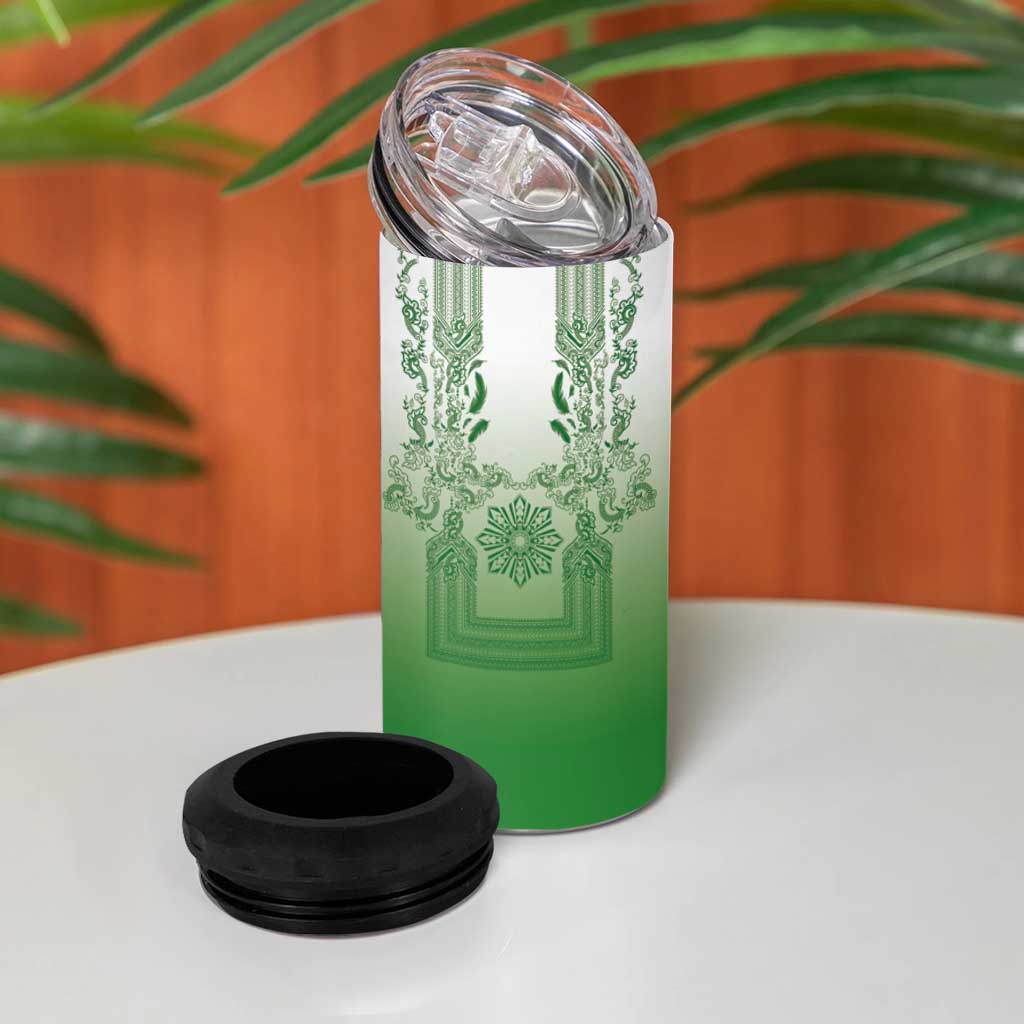 Philippines Barong Style 4 in 1 Can Cooler Tumbler with Polynesian Art and Leaf Motif Green Color LT03 - Polynesian Pride