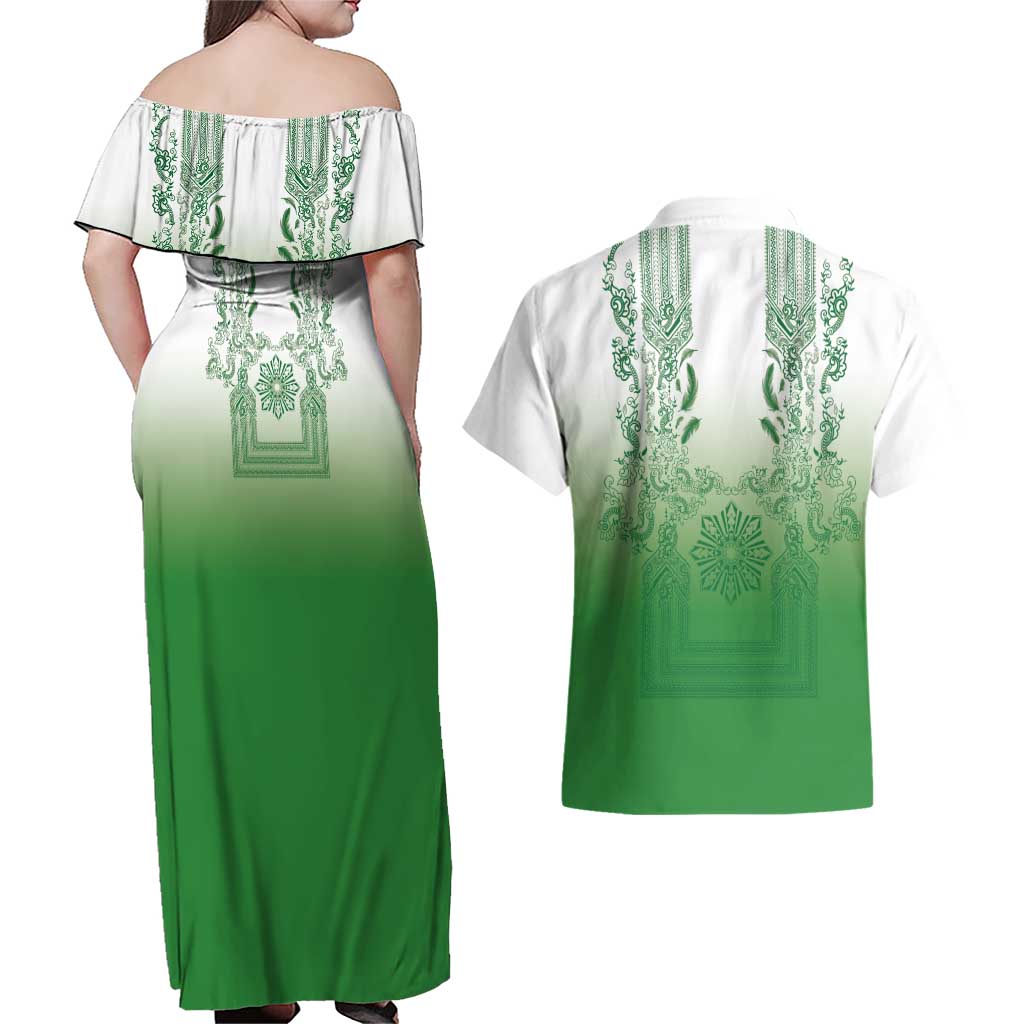 Philippines Barong Style Couples Matching Off Shoulder Maxi Dress and Hawaiian Shirt with Polynesian Art and Leaf Motif Green Color LT03 - Polynesian Pride