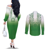 Philippines Barong Style Couples Matching Off The Shoulder Long Sleeve Dress and Long Sleeve Button Shirt with Polynesian Art and Leaf Motif Green Color LT03 - Polynesian Pride