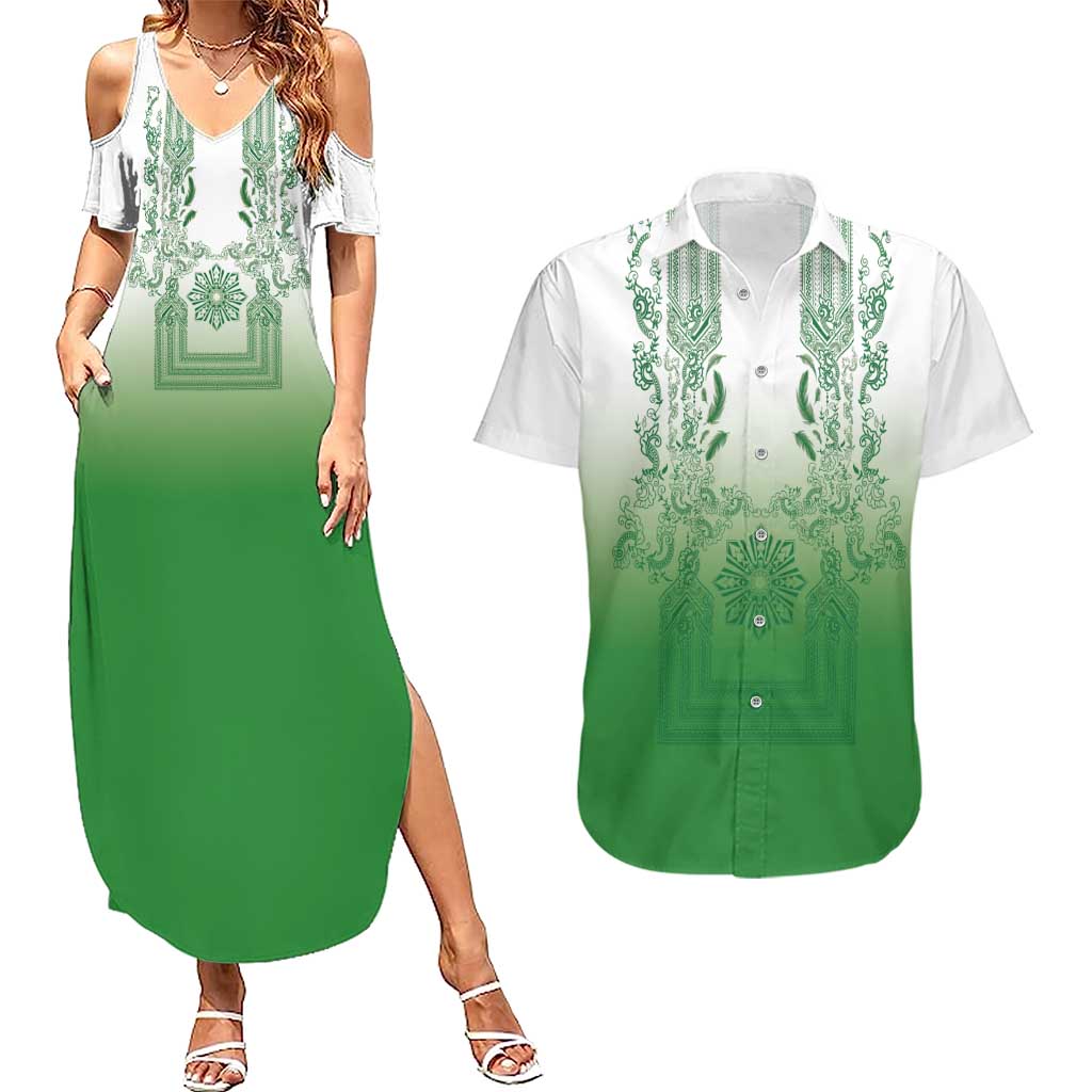 Philippines Barong Style Couples Matching Summer Maxi Dress and Hawaiian Shirt with Polynesian Art and Leaf Motif Green Color LT03 Green - Polynesian Pride