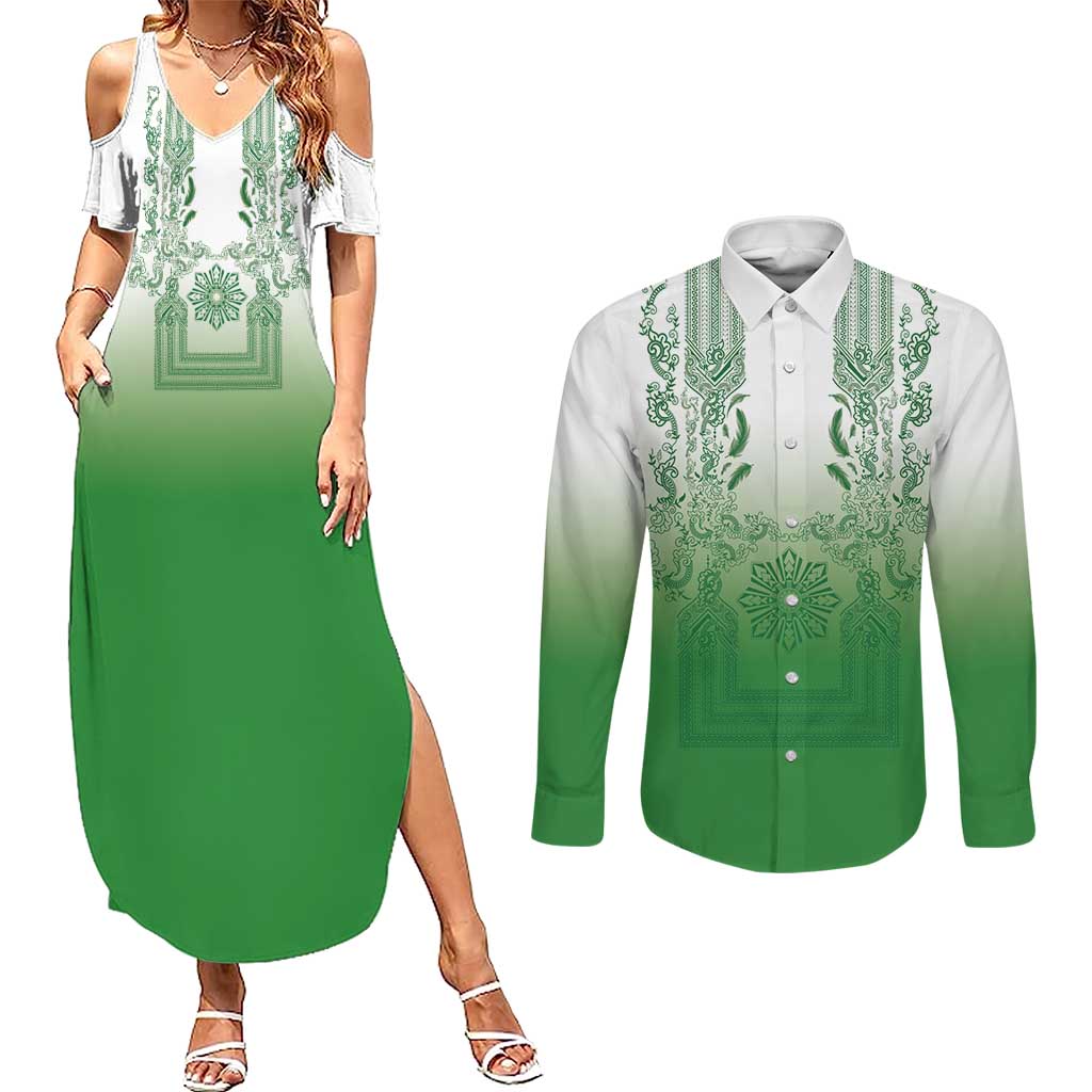 Philippines Barong Style Couples Matching Summer Maxi Dress and Long Sleeve Button Shirt with Polynesian Art and Leaf Motif Green Color LT03 Green - Polynesian Pride