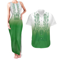 Philippines Barong Style Couples Matching Tank Maxi Dress and Hawaiian Shirt with Polynesian Art and Leaf Motif Green Color LT03 Green - Polynesian Pride