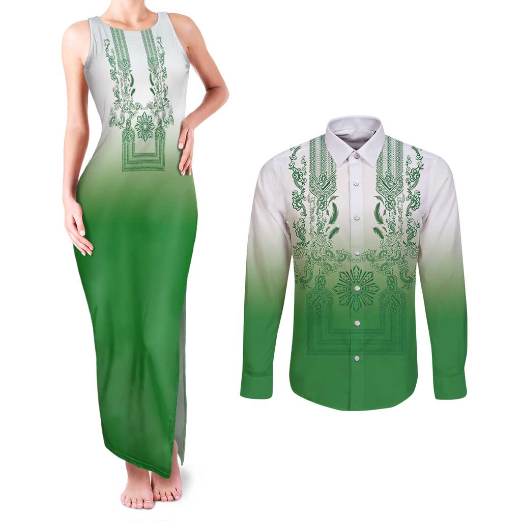 Philippines Barong Style Couples Matching Tank Maxi Dress and Long Sleeve Button Shirt with Polynesian Art and Leaf Motif Green Color LT03 Green - Polynesian Pride