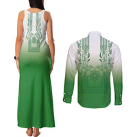 Philippines Barong Style Couples Matching Tank Maxi Dress and Long Sleeve Button Shirt with Polynesian Art and Leaf Motif Green Color LT03 - Polynesian Pride