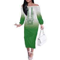 Philippines Barong Style Family Matching Off The Shoulder Long Sleeve Dress and Hawaiian Shirt with Polynesian Art and Leaf Motif Green Color LT03 Mom's Dress Green - Polynesian Pride