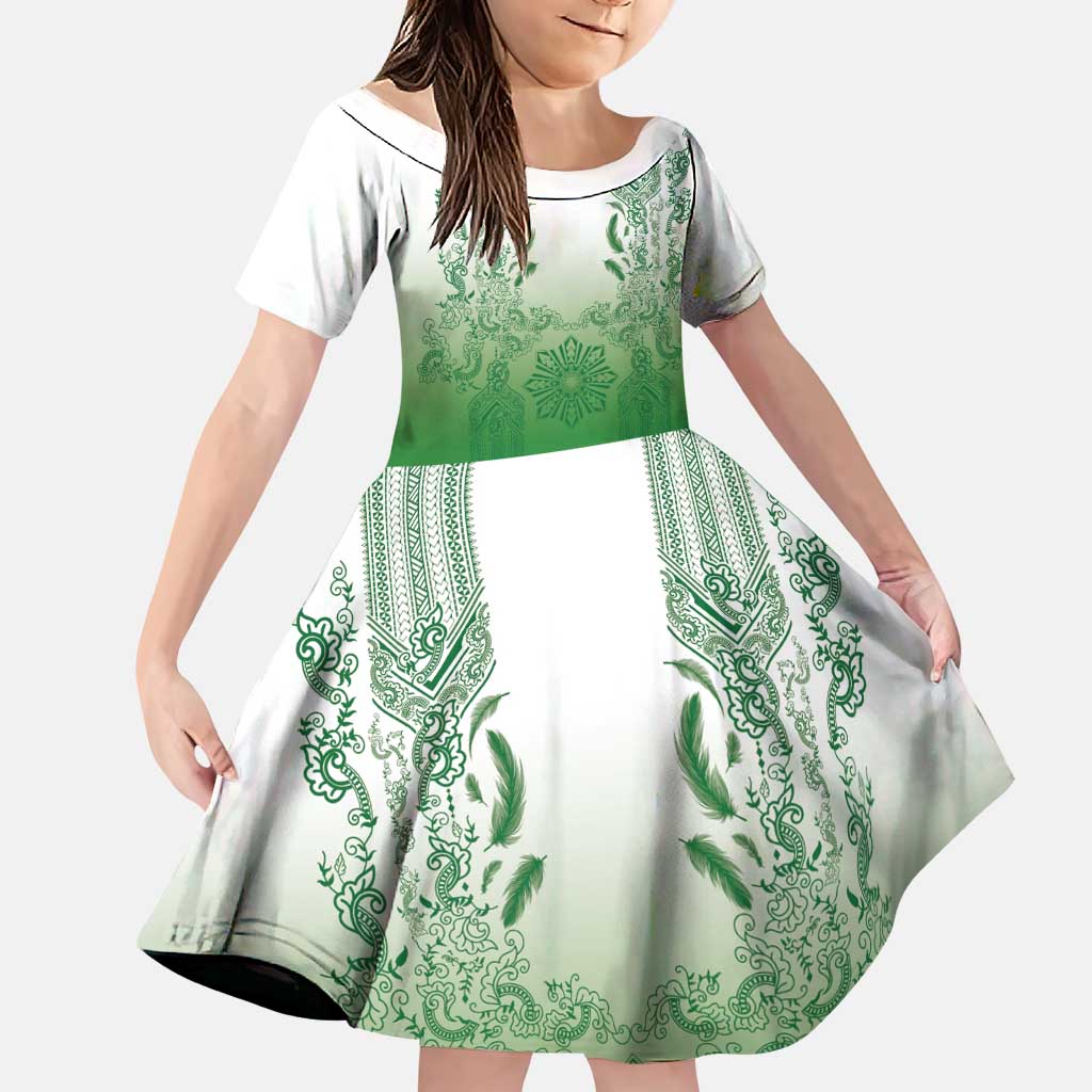 Philippines Barong Style Family Matching Off Shoulder Maxi Dress and Hawaiian Shirt with Polynesian Art and Leaf Motif Green Color LT03 Daughter's Dress Green - Polynesian Pride
