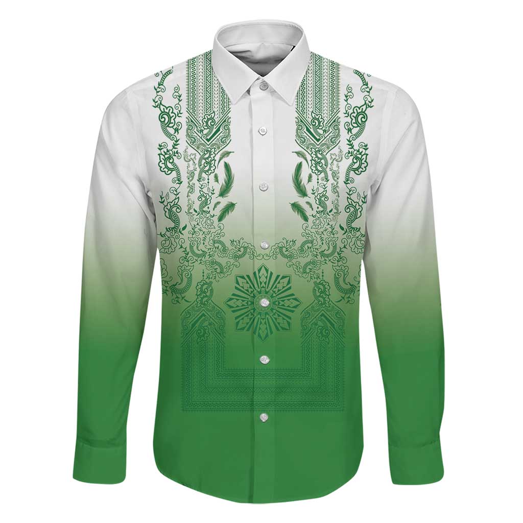 Philippines Barong Style Family Matching Off Shoulder Maxi Dress and Hawaiian Shirt with Polynesian Art and Leaf Motif Green Color LT03 Dad's Shirt - Long Sleeve Green - Polynesian Pride