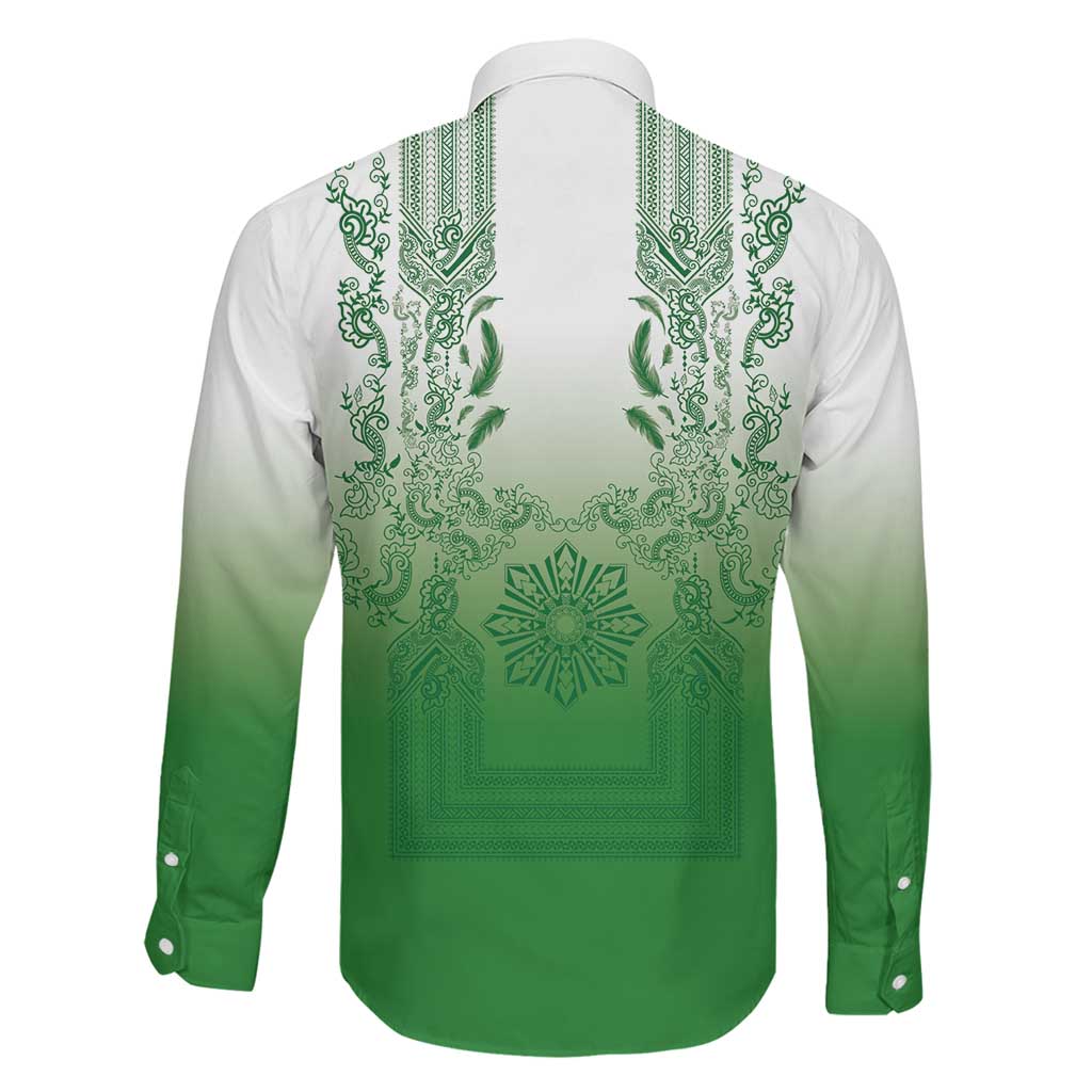 Philippines Barong Style Family Matching Off Shoulder Maxi Dress and Hawaiian Shirt with Polynesian Art and Leaf Motif Green Color LT03 - Polynesian Pride
