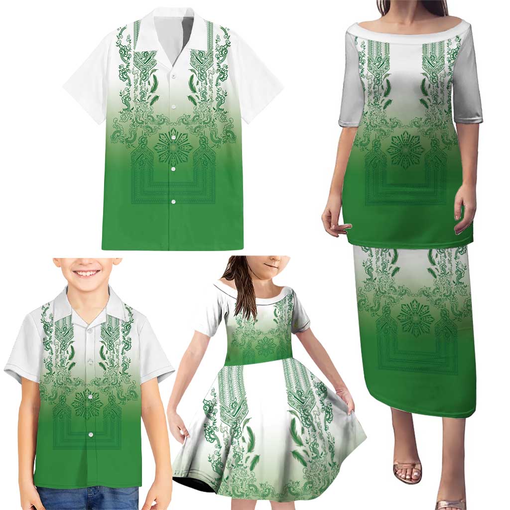 Philippines Barong Style Family Matching Puletasi and Hawaiian Shirt with Polynesian Art and Leaf Motif Green Color