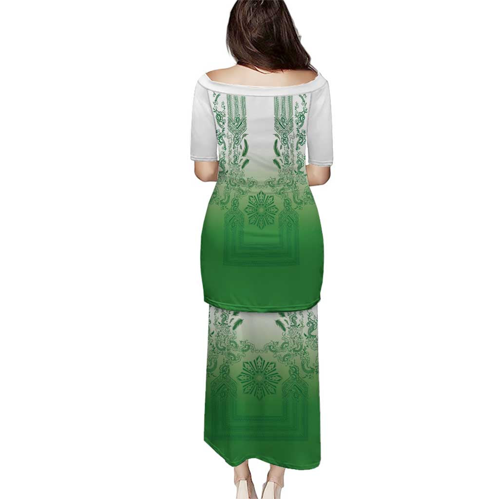 Philippines Barong Style Family Matching Puletasi and Hawaiian Shirt with Polynesian Art and Leaf Motif Green Color LT03 - Polynesian Pride