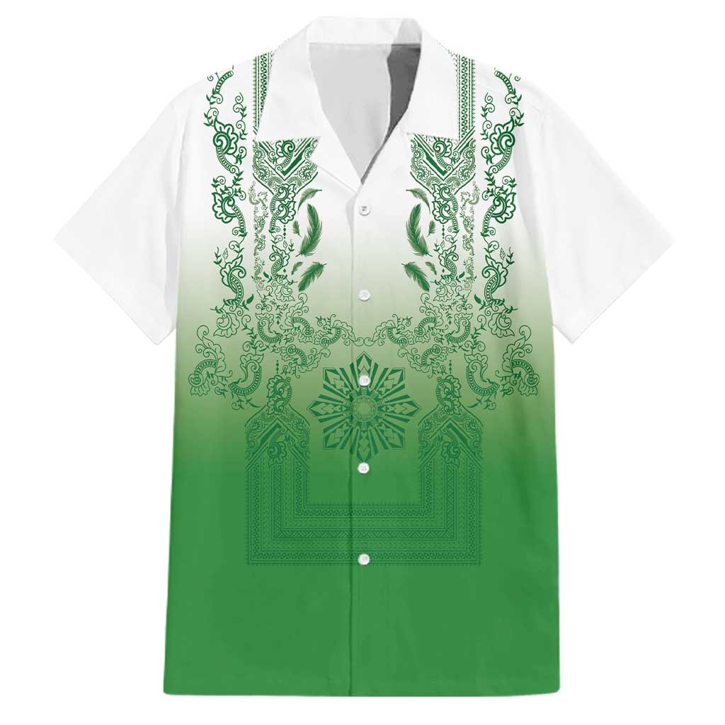 Philippines Barong Style Family Matching Short Sleeve Bodycon Dress and Hawaiian Shirt with Polynesian Art and Leaf Motif Green Color LT03 Dad's Shirt - Short Sleeve Green - Polynesian Pride
