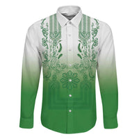 Philippines Barong Style Family Matching Short Sleeve Bodycon Dress and Hawaiian Shirt with Polynesian Art and Leaf Motif Green Color LT03 Dad's Shirt - Long Sleeve Green - Polynesian Pride