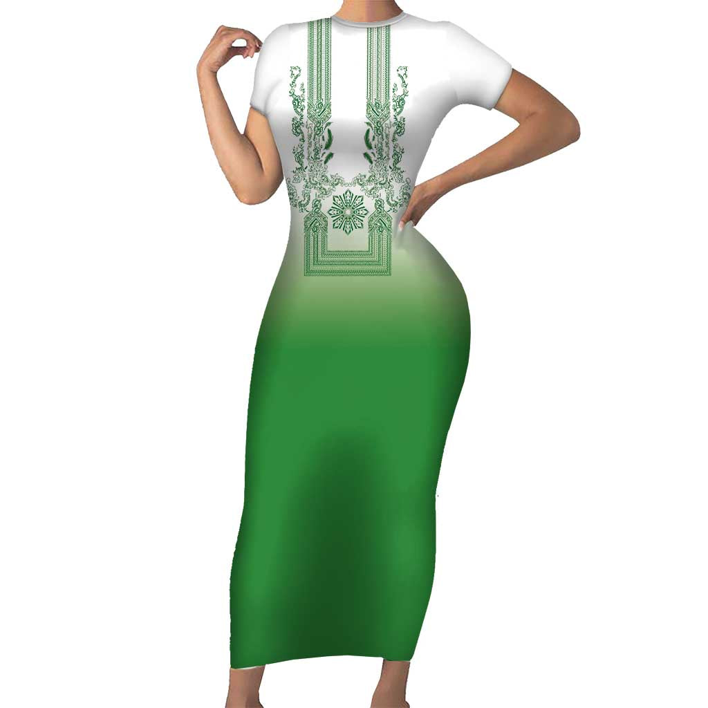 Philippines Barong Style Family Matching Short Sleeve Bodycon Dress and Hawaiian Shirt with Polynesian Art and Leaf Motif Green Color LT03 Mom's Dress Green - Polynesian Pride
