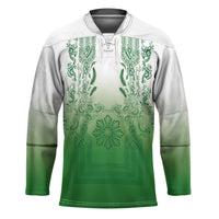 Philippines Barong Style Hockey Jersey with Polynesian Art and Leaf Motif Green Color