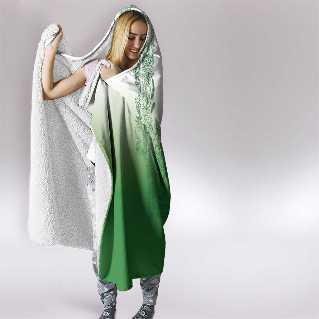 Philippines Barong Style Hooded Blanket with Polynesian Art and Leaf Motif Green Color