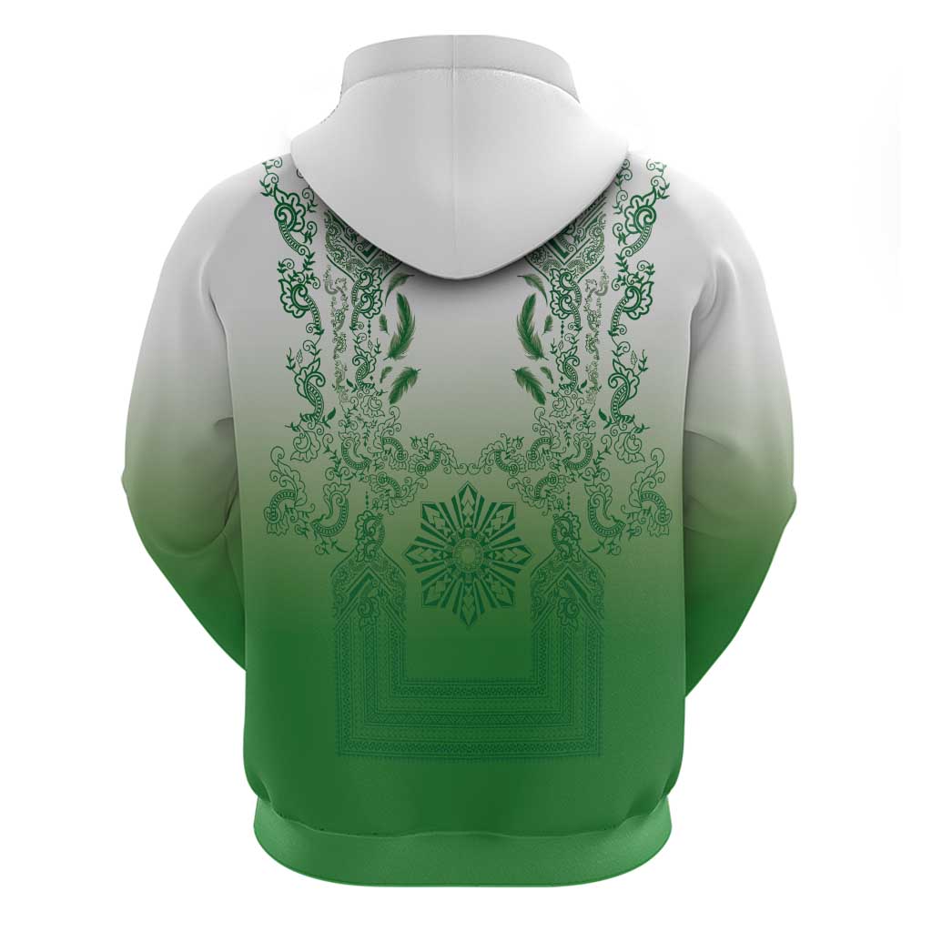 Philippines Barong Style Hoodie with Polynesian Art and Leaf Motif Green Color
