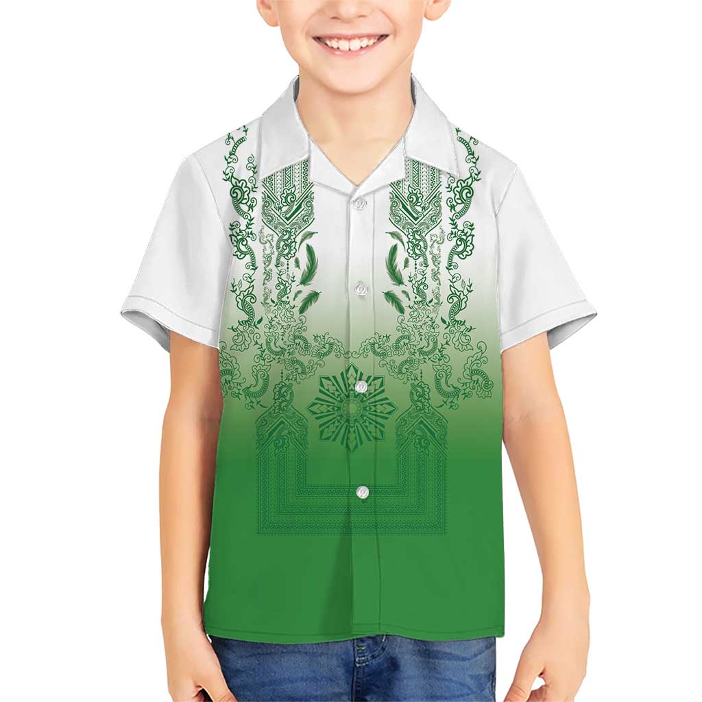 Philippines Barong Style Kid Hawaiian Shirt with Polynesian Art and Leaf Motif Green Color