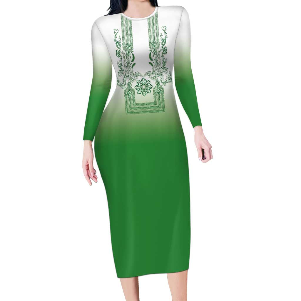 Philippines Barong Style Long Sleeve Bodycon Dress with Polynesian Art and Leaf Motif Green Color LT03 Long Dress Green - Polynesian Pride