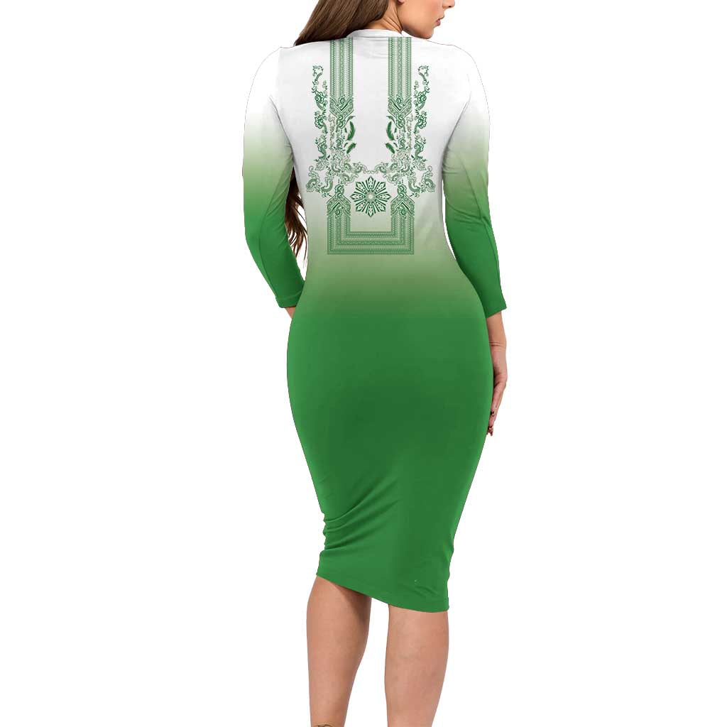 Philippines Barong Style Long Sleeve Bodycon Dress with Polynesian Art and Leaf Motif Green Color LT03 - Polynesian Pride