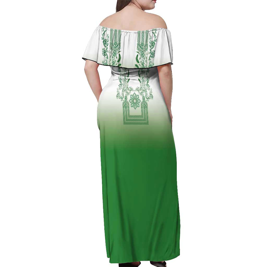 Philippines Barong Style Off Shoulder Maxi Dress with Polynesian Art and Leaf Motif Green Color