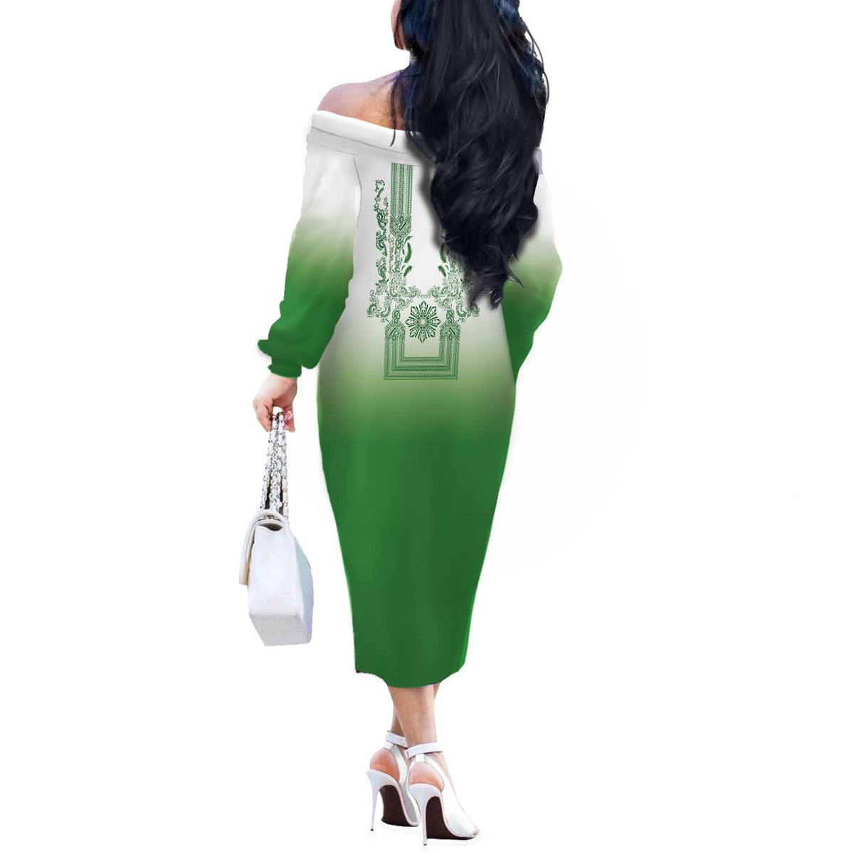 Philippines Barong Style Off The Shoulder Long Sleeve Dress with Polynesian Art and Leaf Motif Green Color LT03 - Polynesian Pride