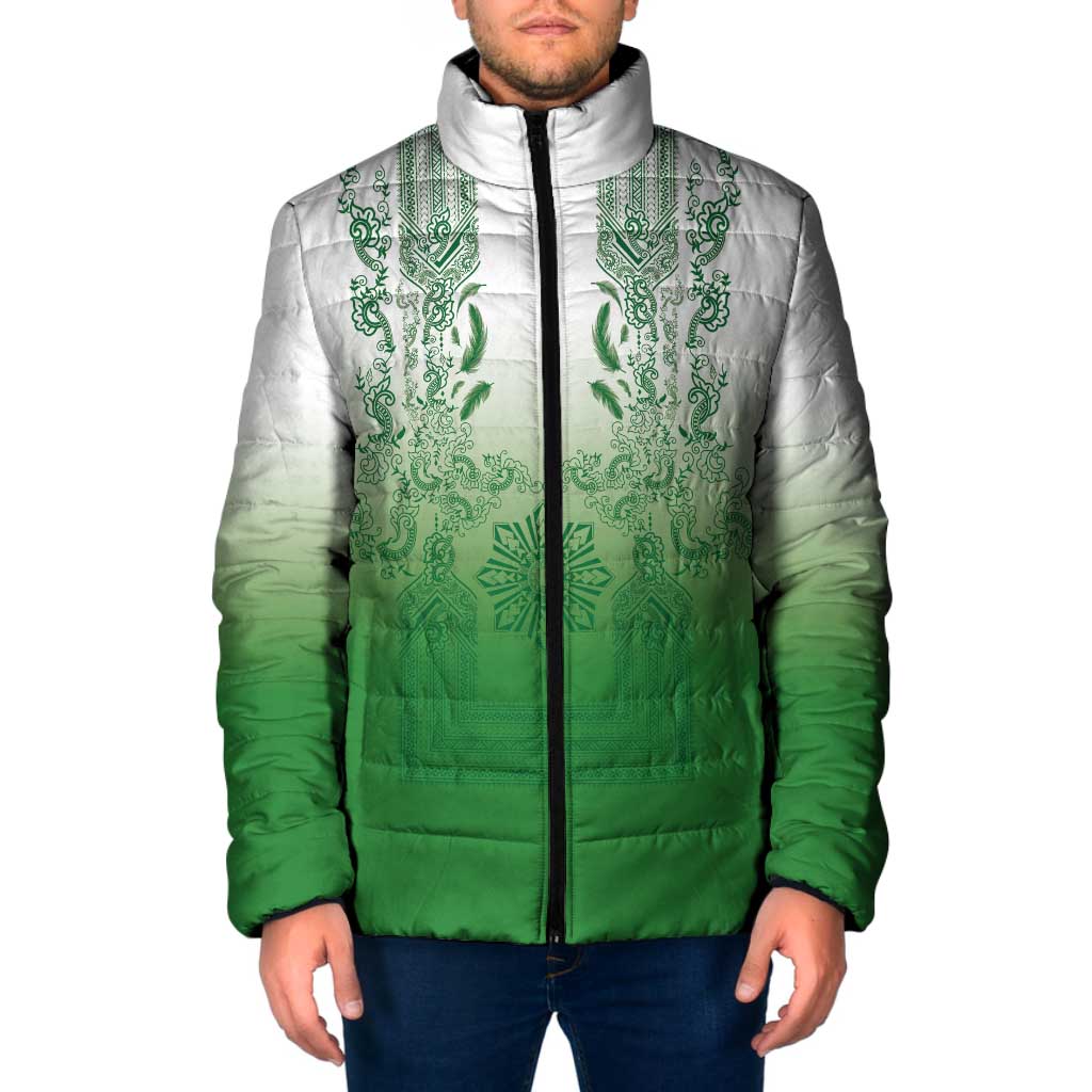 Philippines Barong Style Padded Jacket with Polynesian Art and Leaf Motif Green Color LT03 Men Green - Polynesian Pride