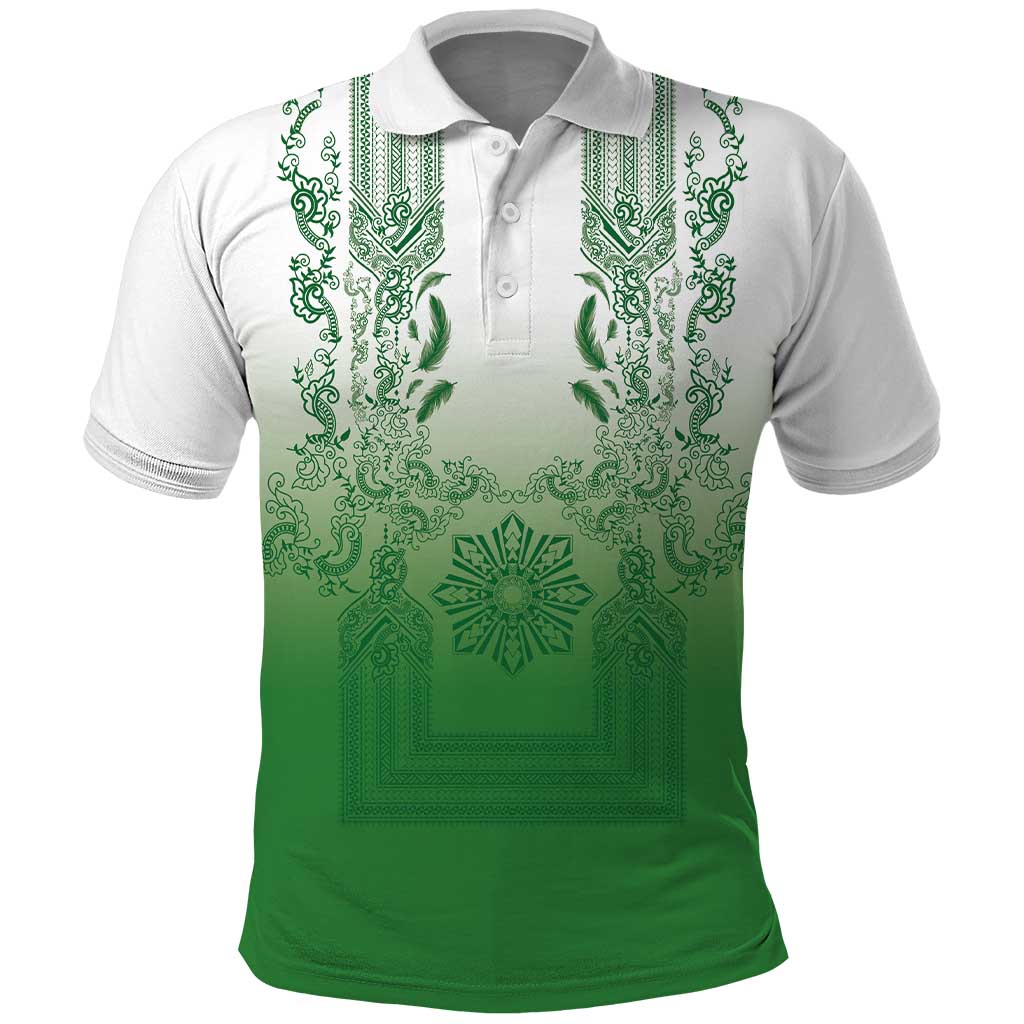 Philippines Barong Style Polo Shirt with Polynesian Art and Leaf Motif Green Color