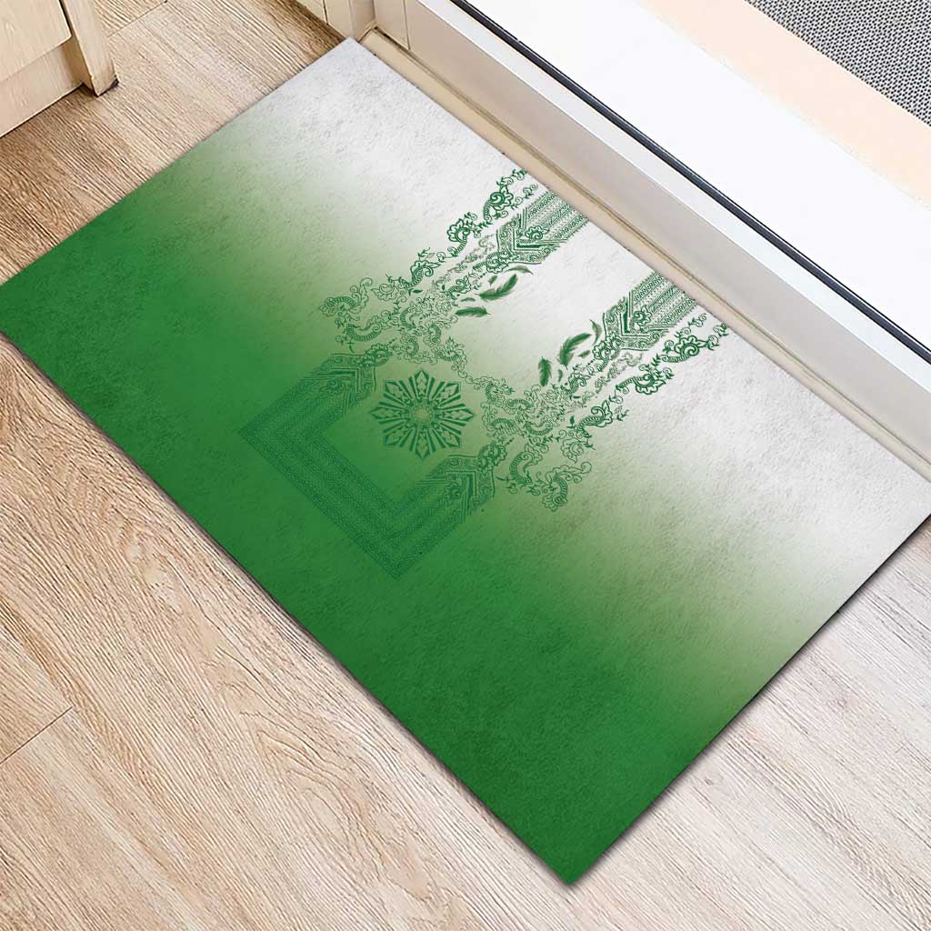 Philippines Barong Style Rubber Doormat with Polynesian Art and Leaf Motif Green Color