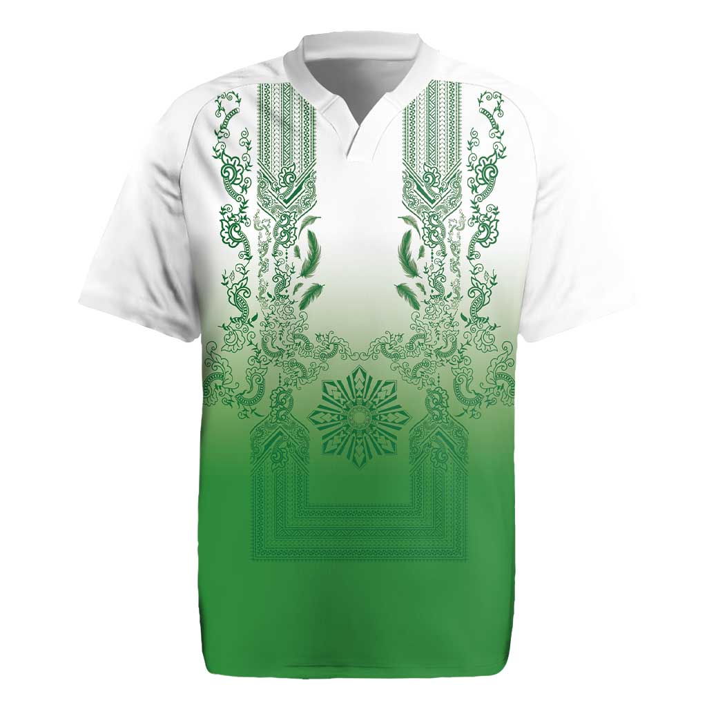 Philippines Barong Style Rugby Jersey with Polynesian Art and Leaf Motif Green Color