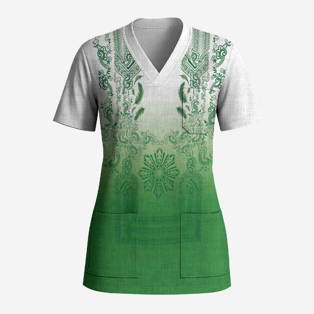Philippines Barong Style Scrub Top with Polynesian Art and Leaf Motif Green Color