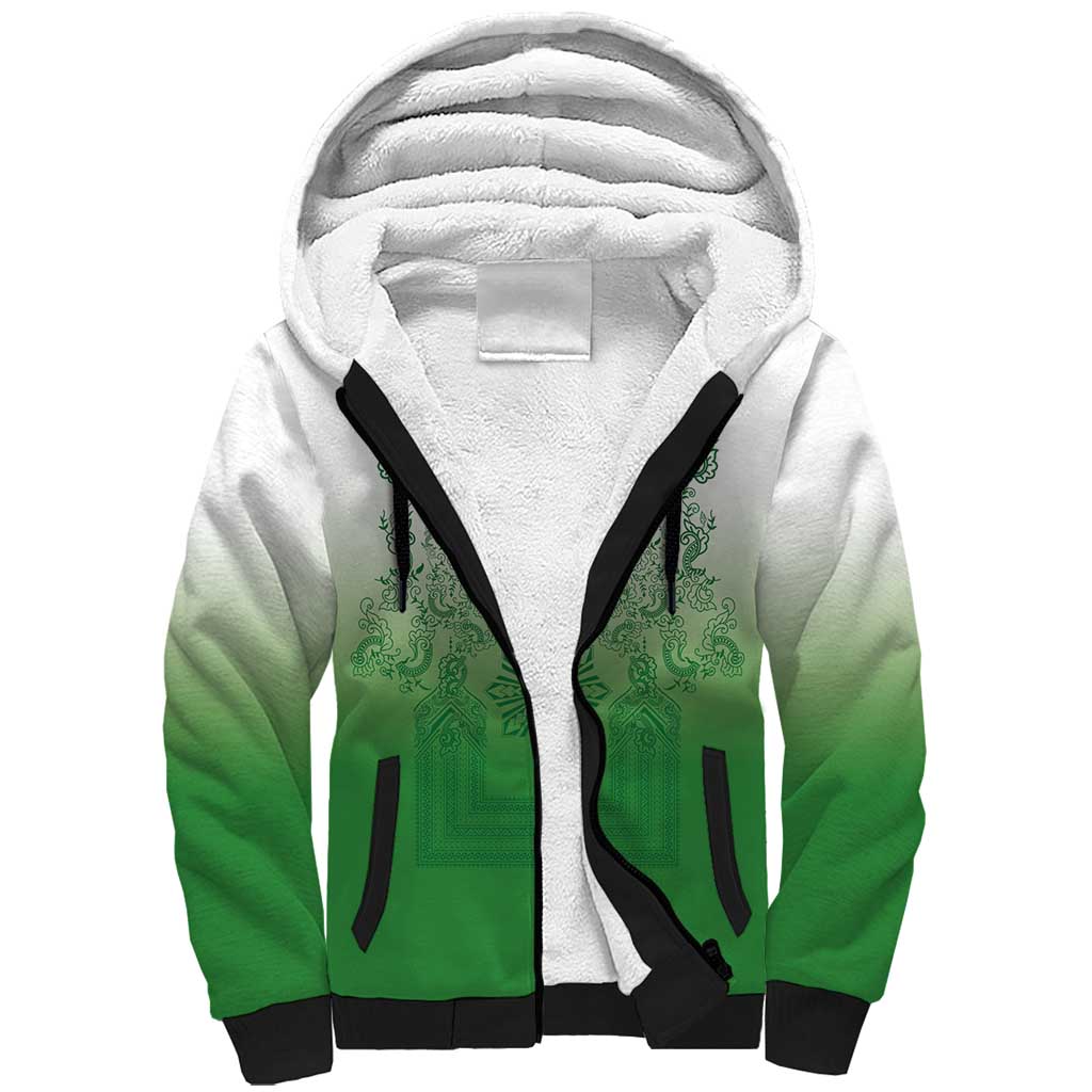 Philippines Barong Style Sherpa Hoodie with Polynesian Art and Leaf Motif Green Color LT03 Unisex Green - Polynesian Pride